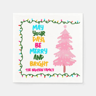 Colorful Merry Bright Pink Christmas Tree Party Napkins