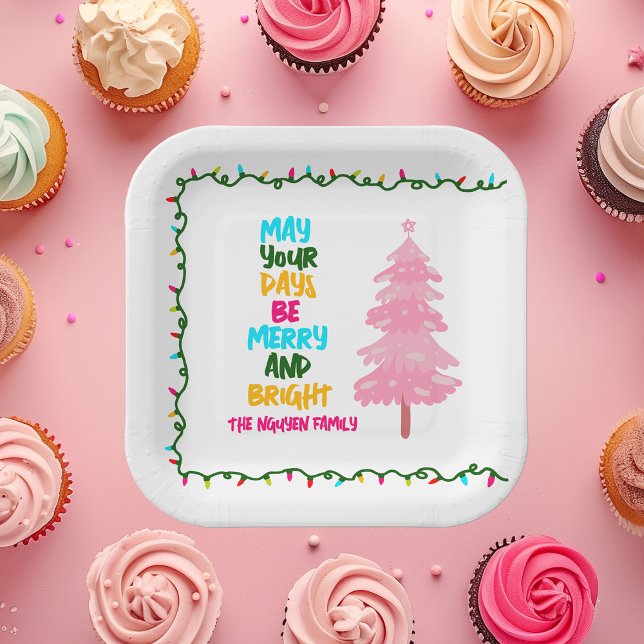 Colorful Merry Bright Pink Christmas Tree Party Paper Plates (Creator Uploaded)
