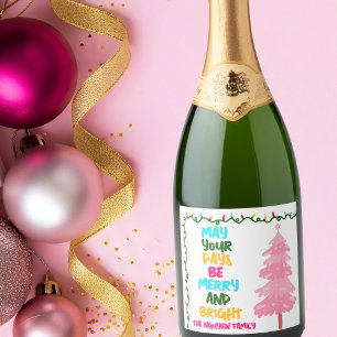 Colorful Merry Bright Pink Christmas Tree Party Sparkling Wine Label