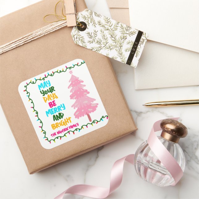 Colorful Merry Bright Pink Christmas Tree Party Square Sticker (Gifting)