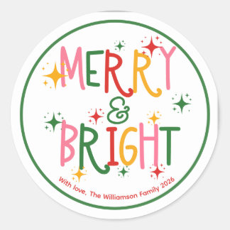Colorful Merry & Bright Playful Family Christmas Classic Round Sticker