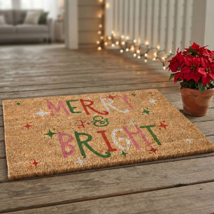 Colorful Merry & Bright Playful Family Christmas  Fiber Doormat