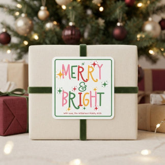Colorful Merry & Bright Playful Family Christmas Square Sticker