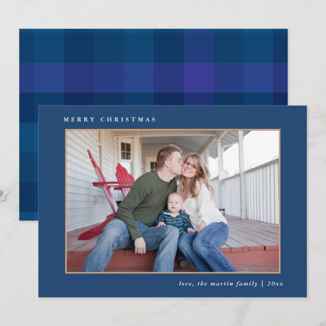 Colorful Merry Christmas Blue Plaid Print Holiday Card (Front/Back)