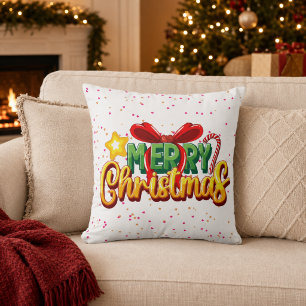 Colorful Merry Christmas Bow and Candy Cane Throw Pillow