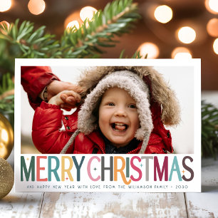 Colorful Merry Christmas Cute Retro Stars Photo Holiday Card