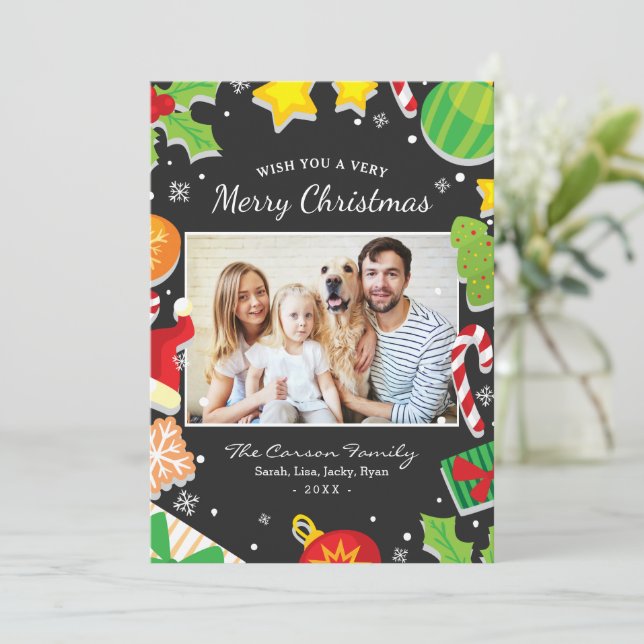 Colorful Merry Christmas Elements Family Photo Holiday Card (Standing Front)
