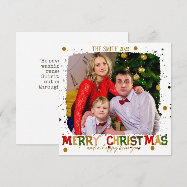 Colorful Merry Christmas Family Gold Holiday Card (Front/Back)
