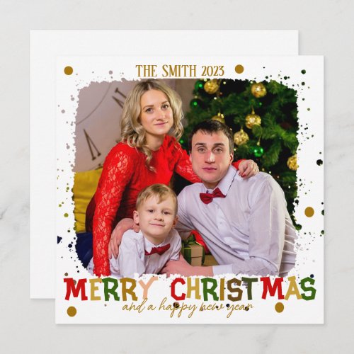 Colorful Merry Christmas Family Gold Holiday Card