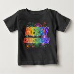 [ Thumbnail: Colorful "Merry Christmas!" + Fireworks Pattern Ba T-Shirt ]