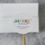 Colorful Merry Christmas Holiday Gift Classic Round Sticker<br><div class="desc">These colorful Merry Christmas holiday gift stickers are perfect for a modern holiday present or holiday card. The simple design features cute and fun typography with alternating colored letters in red,  blush pink,  emerald green,  pastel green and yellow gold.</div>