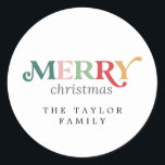Colorful Merry Christmas Holiday Gift Classic Round Sticker<br><div class="desc">These colorful Merry Christmas holiday gift stickers are perfect for a modern holiday present or holiday card. The simple design features cute and fun typography with alternating colored letters in red,  blush pink,  emerald green,  pastel green and yellow gold.</div>