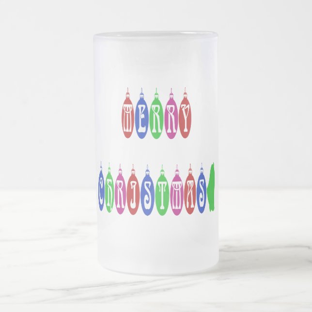 Colorful Merry Christmas Ornament Font Frosted Glass Beer Mug (Center)