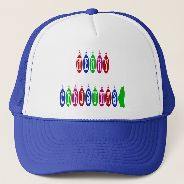 Colorful Merry Christmas Ornament Font Trucker Hat (Front)