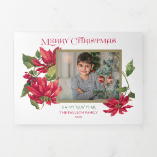 Colorful Merry Christmas Poinsettias Photo Tri-Fold Holiday Card