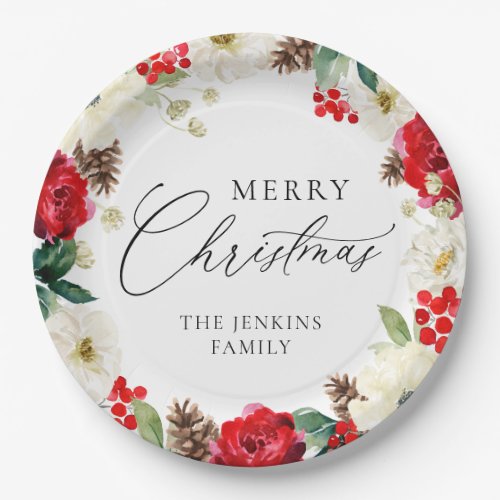 Colorful Merry Christmas Red Floral Paper Plates