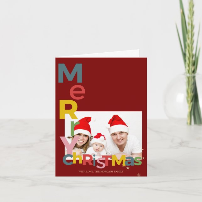Colorful Merry Christmas Red Photo Note Card (Front)