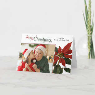 Colorful Merry Christmas Script w/Poinsettia Photo Holiday Card