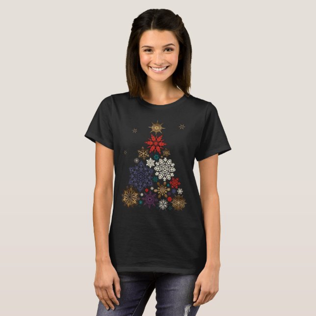 Colorful Merry Christmas Snowflake Tree festive T-Shirt (Front Full)