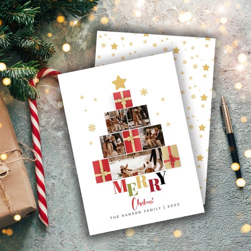 Colorful Merry Christmas Tree Family Collage Holiday Card