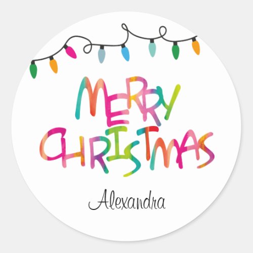 Colorful Merry Christmas Tree Lights  Classic Round Sticker