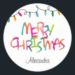 Colorful Merry Christmas Tree Lights  Classic Round Sticker<br><div class="desc">Add a special touch to your Christmas presents or holiday envelopes with these cute and colorful  stickers. Easy to personalize them with your name.</div>