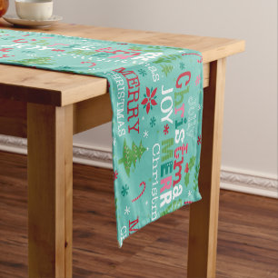 Colorful Merry Christmas Typography Modern Floral Short Table Runner