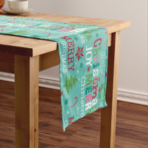 Colorful Merry Christmas Typography Modern Floral  Short Table Runner