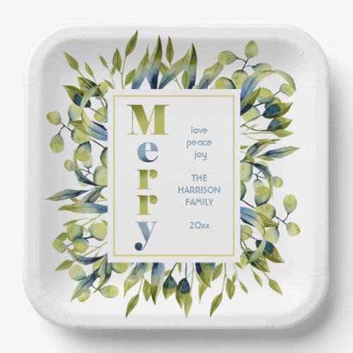 Colorful Merry Green Blue Leaves Christmas  Paper Plates