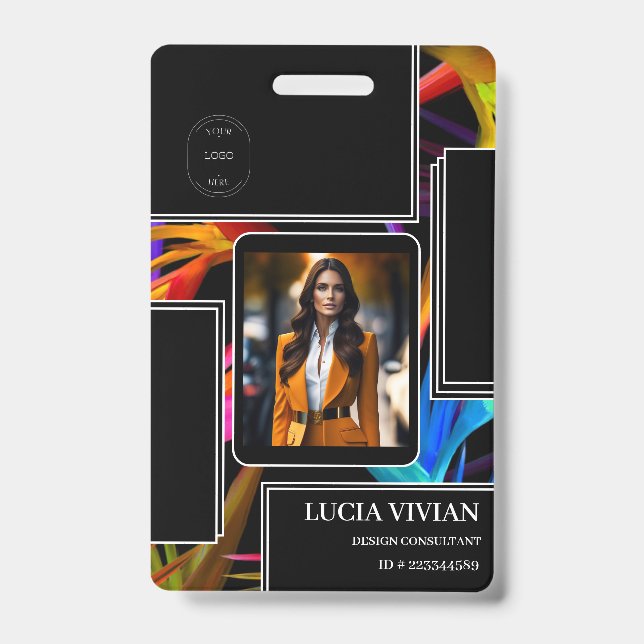 Colorful Messy Black Tropical Photo Employee Name  Badge (Front)