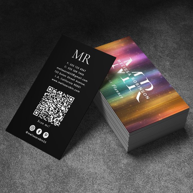 Colorful Metallic Glitter QR Code and Monogram Business Card (Creator Uploaded)