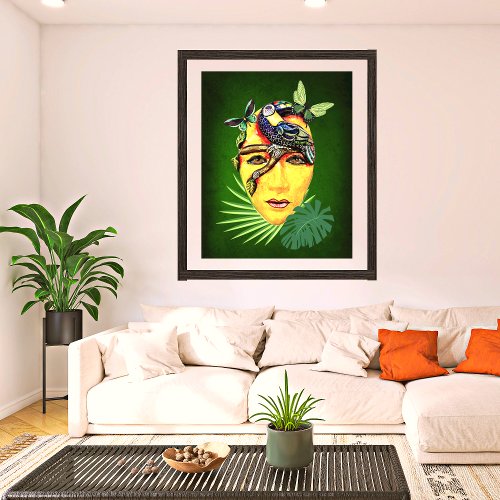 Colorful Mexican Boho Mask W Parrot On Green   Poster