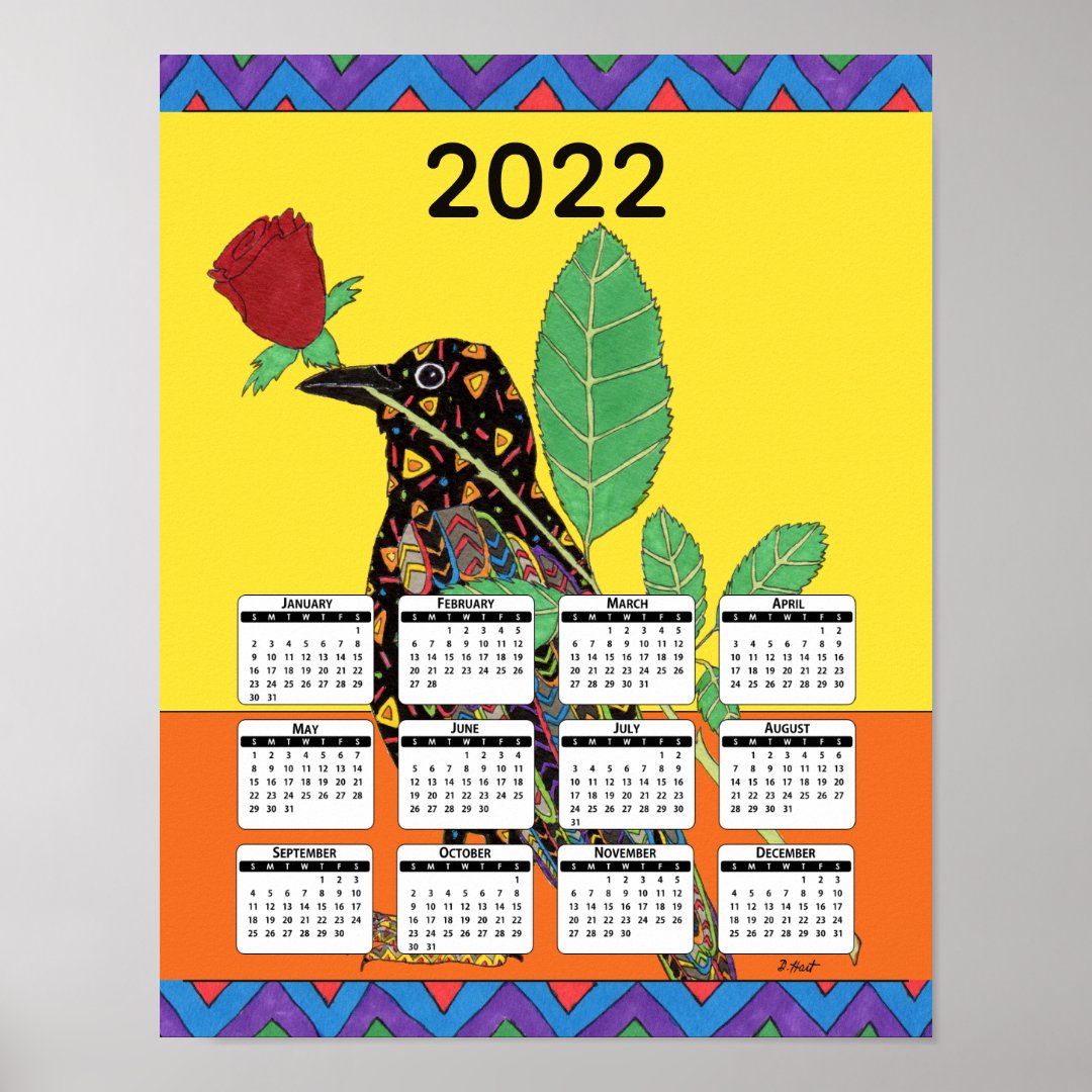 Colorful Mexican Crow Raven Folk Art 2022 Calendar Poster | Zazzle