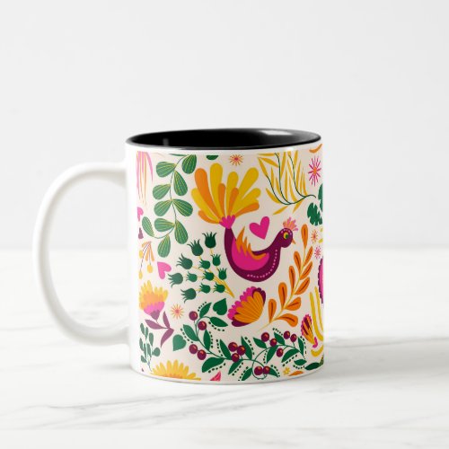 Colorful Mexican Design with Heart  Birds Two_Tone Coffee Mug
