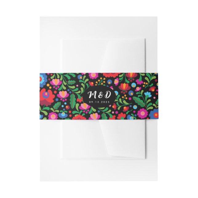 Colorful Mexican Embroidery Monogram Wedding Black Invitation Belly Band (Front Example)