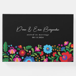 Colorful Mexican Embroidery on Black Wedding Guest Book