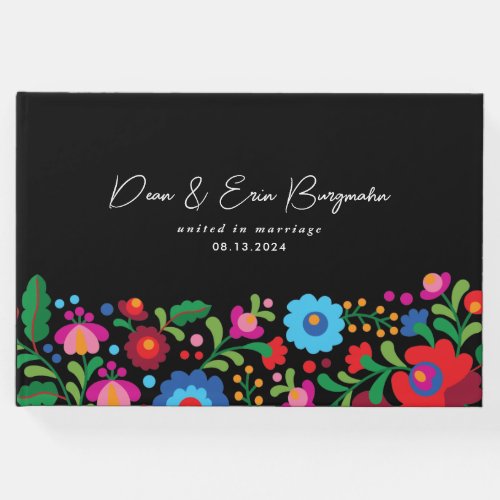 Colorful Mexican Embroidery on Black Wedding Guest Book