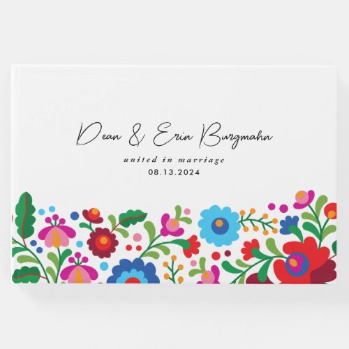 Colorful Mexican Embroidery on White Wedding Guest Book