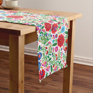 Colorful Mexican Embroidery Pattern on Navy Blue Medium Table Runner