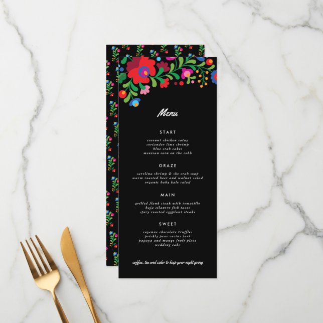 Colorful Mexican Embroidery Reception Dinner Menu (Front/Back In Situ)