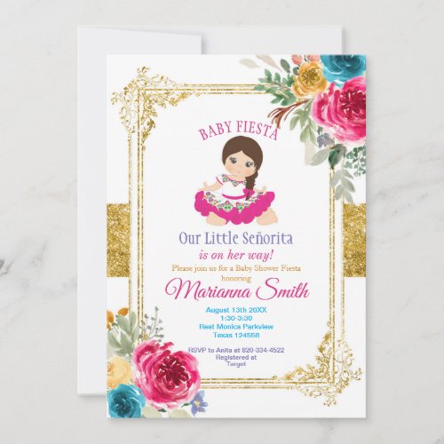 Colorful Mexican Fiesta Baby Shower Gold Girl  Invitation