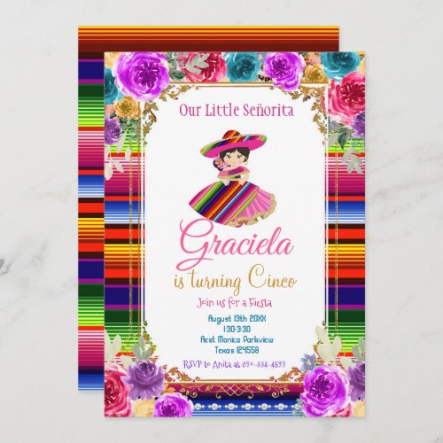 Colorful Mexican Fiesta Birthday Gold Girl   Invitation