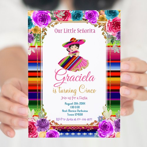 Colorful Mexican Fiesta Birthday Gold Girl   Invitation