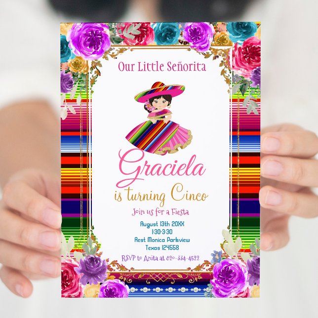 Colorful Mexican Fiesta Birthday Gold Girl   Invitation (Creator Uploaded)