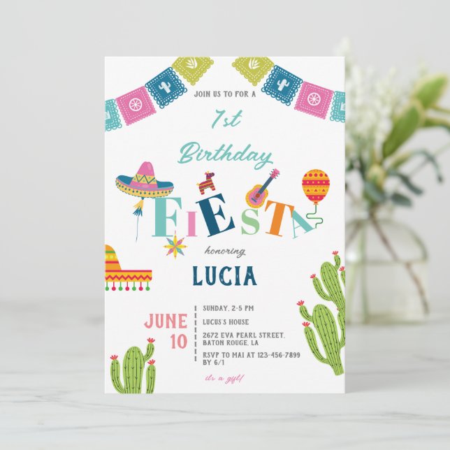 Colorful Mexican Fiesta Cactus 1st Birthday Invitation (Standing Front)