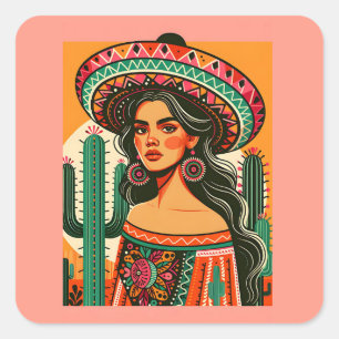 Colorful Mexican Fiesta Cactus Square Sticker