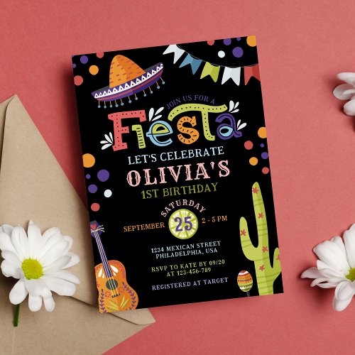 Colorful Mexican Fiesta First Birthday Black Invitation