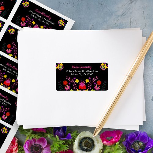 Colorful Mexican Fiesta Flowers Black Address Label