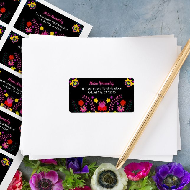 Colorful Mexican Fiesta Flowers Black Address Label (RSVP envelope address labels from my Mexican Fiesta Party Quinceanera Collection 
)