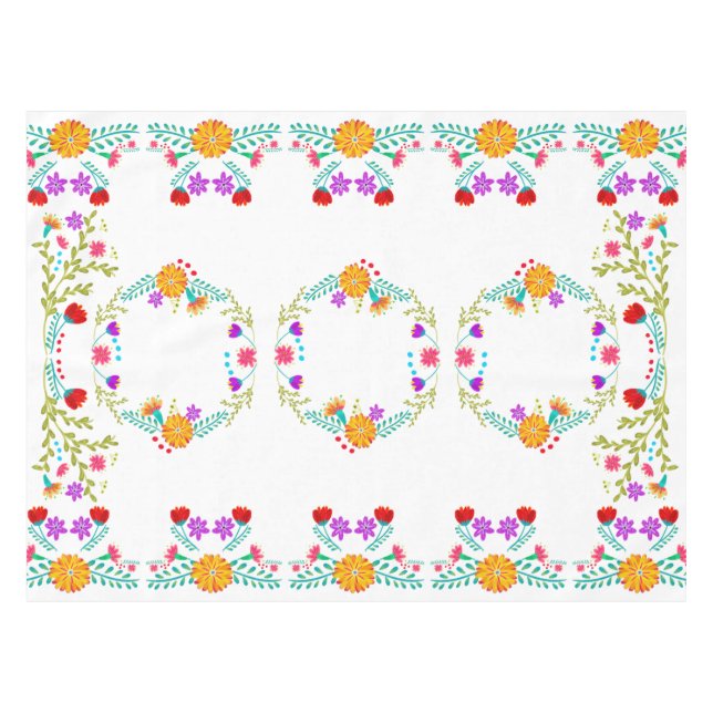 Colorful Mexican Fiesta Flowers on White Tablecloth (Front (Horizontal))